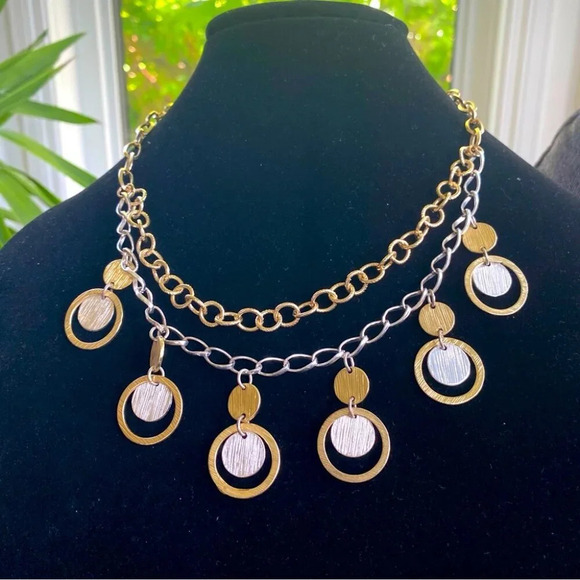 Gold and Silver tone Geometric  Circle Statement Necklace - Picture 1 of 6